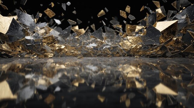 Shattered golden and silver geometric shards reflect on a dark, glossy surface