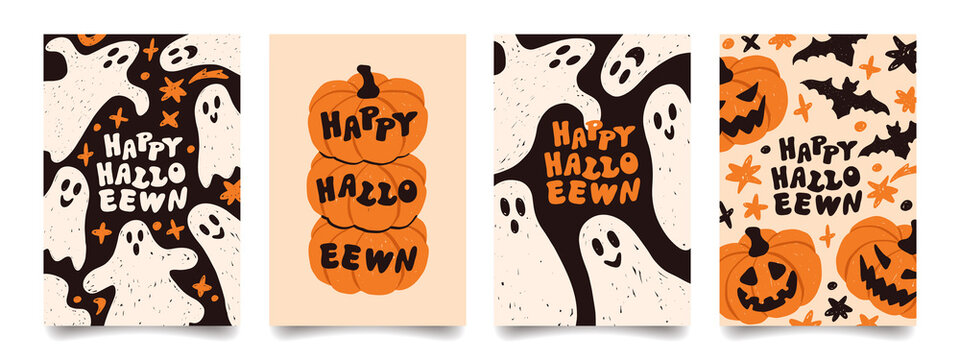 Happy Halloween posters template. Trendy backgrounds with hand hand drawn funny pumpkins and cute ghosts. Perfect for cover, greeting card, holiday flyer, banner, social media. Vector illustration. - Powered by Adobe
