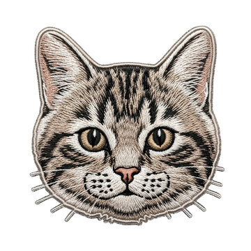 Close up of an embroidered tabby cat head patch, featuring detailed stitching and a realistic feline expression. Ideal for clothing, accessories, or decorative projects.