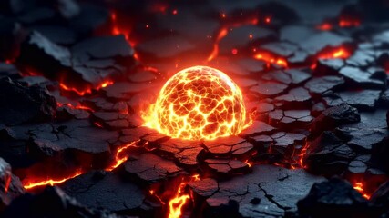 animation of a fiery molten sphere emerging from cracked lava ground, radiating intense heat and energy in a dramatic volcanic scene. - Powered by Adobe