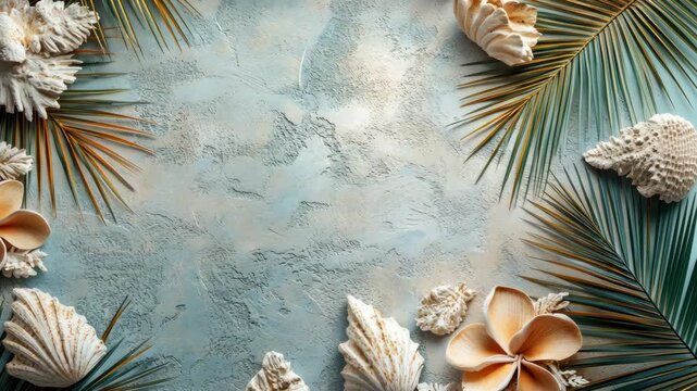 Tropical beach scene featuring seashells and palm leaves arranged on a textured blue background