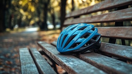 Blue Bike Helmet on Park Bench