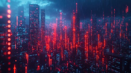 Obraz premium In a sleek, modern office setting, bold stacked bar graphs and red downward arrows narrate a financial tale, depicting market trends and performance data, a visual testament to the dynamic world 