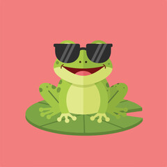 A cool cartoon frog wearing sunglasses sitting on a lily pad with a pink background.