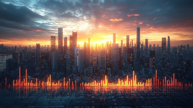 In a sleek, modern office setting, bold stacked bar graphs and red downward arrows narrate a financial tale, depicting market trends and performance data, a visual testament to the dynamic world 