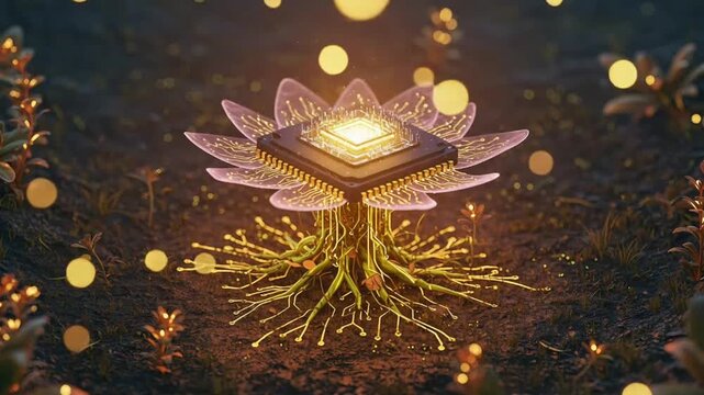 Nature and digital innovation, a computer processor blooming like a flower