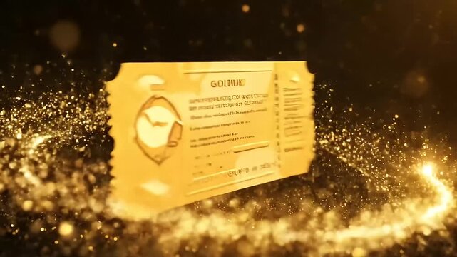 An eye-catching golden ticket shimmering with light and information, representing winning and access to exclusive event.