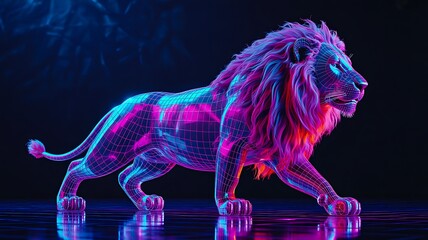 Neon glowing lion in futuristic digital wireframe style