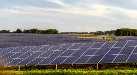 Solar farm in Brazil. Solar power for green energy. Sustainable renewable energy. Photovoltaic power station or solar park. Solar panel installation and maintenance concept. Energy sustainability.