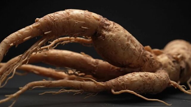 Several ginseng roots displayed against a dark background featuring branching rootlets and textured surfaces