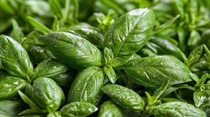 Close-up of fresh green basil leaves filling the frame.