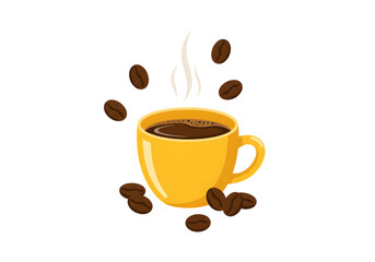 Obraz premium Vibrant yellow cup of hot coffee with floating beans and steam, perfect for morning boost visuals.