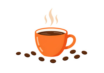 Obraz premium Steaming orange coffee cup surrounded by roasted beans, perfect for morning energy and cafe vibes