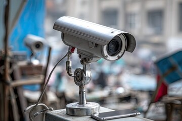Fototapeta premium Gray security camera mounted outdoors