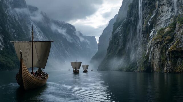 Viking ships sailing gracefully in a serene, picturesque fjord