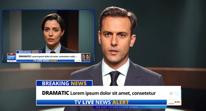tense breaking news broadcast with male anchor and dramatic live tv alert featuring serious expressions in studio setting