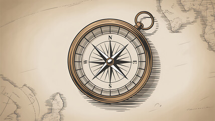 Antique Compass on Parchment: An elegant antique compass rests on a vintage parchment map, evoking a sense of history, discovery, and the spirit of exploration.