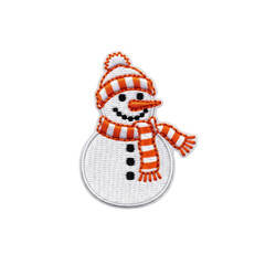 Charming embroidered snowman patch featuring an orange striped hat and scarf, perfect for winter holiday crafts, decorations, and apparel.
