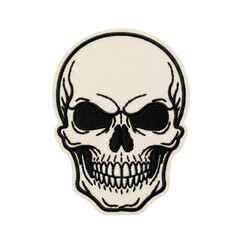 Fototapeta premium Detailed embroidered patch featuring a stylized human skull with bold black outlines and a cream white fill, perfect for apparel or accessories.