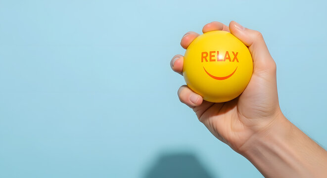Hand holding Stress ball labeled Relax used for emotional control and mental health practice, helping reduce tension and improve mood