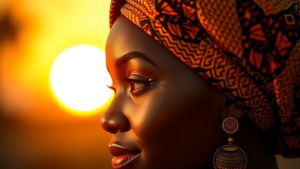 Vibrant kente cloth headwrap in golden sunlight for African Women's Day