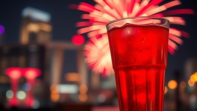 Vibrant fireworks reflected in a chilled Bandung drink, celebrating Singapore National Day with festive lights.