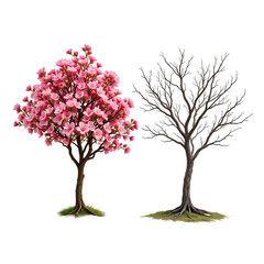 Naklejka premium Vibrant Pink Blossom Tree with Leafless Tree in Nature Scene