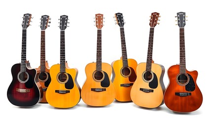 Naklejka premium Six acoustic guitars arranged in a row on white, professional and clean composition.