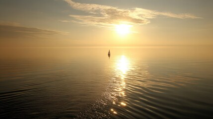 Golden sunset over calm water, solitary sailboat