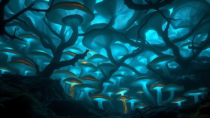 A vast blue-glowing fungal network beneath the forest floor, embodying the unseen interconnectedness of life.