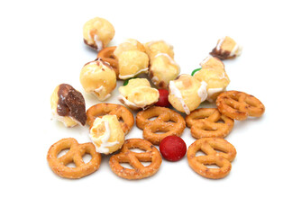 Stack chocolate popcorn on white background