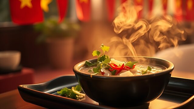 Traditional pho with fresh herbs on a lacquered tray, reflecting Vietnam National Day's culinary heritage. - Powered by Adobe