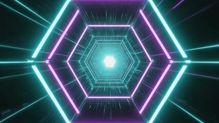 Light streaks are illuminating a futuristic hexagonal tunnel with glowing neon lights in turquoise and purple, creating a mesmerizing visual journey into the depths of cyberspace - Powered by Adobe