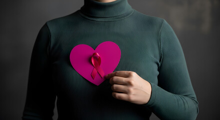 Love, Health Care, Donation and Charity Concept. Breast Cancer Awareness. World Cancer Survivor Day. Close up of Woman Holding a Heart with Ribbon on her Breast