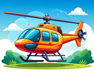 A friendly orange cartoon helicopter poised for a joyful flight adventure. Cute chopper illustration on a grassy field under a blue sky.