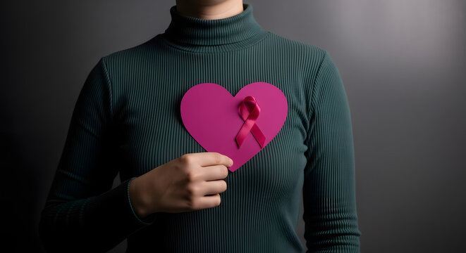 Love, Health Care, Donation and Charity Concept. Breast Cancer Awareness. World Cancer Survivor Day. Close up of Woman Holding a Heart with Ribbon on her Breast - Powered by Adobe
