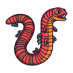 Naklejka premium Cartoonish, stylized illustration of a playful, segmented, red and brown creature, resembling a salamander or amphibian.