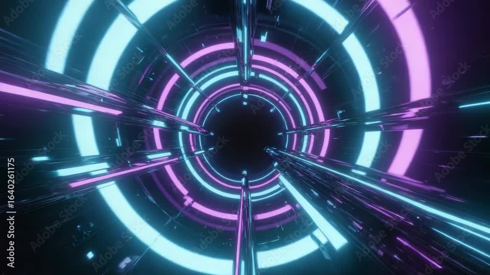 Sticker glowing neon circles and vertical lines create a futuristic tunnel, evoking a sense of speed and tec