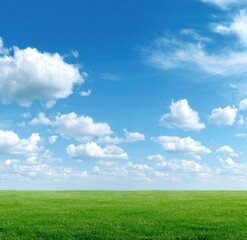 Fototapeta premium Expansive grassy field under a vibrant blue sky dotted with puffy white clouds