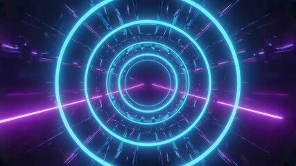Glowing neon circles and lines create a futuristic tunnel, forming a mesmerizing sci-fi atmosphere with vibrant colors and intricate details, ideal for technology, gaming, or music-related projects - Powered by Adobe