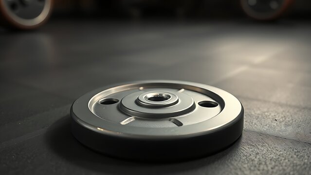 A single weight plate resting on a gym floor, showcasing metallic reflections and minimalistic design.