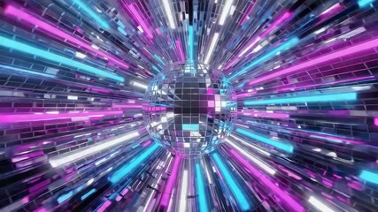 Neon lights illuminating a disco ball in a futuristic tunnel, creating a vibrant and energetic atmosphere filled with reflections, light beams, and a sense of celebration and excitement