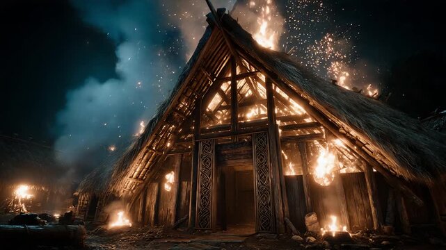 Burning Viking Longhouse at Night with Flames and Smoke Effects