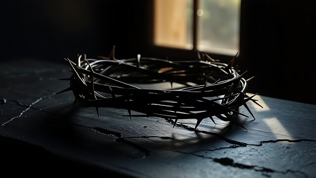 A symbolic crown of thorns resting on a dark surface, representing Christian sacrifice and devotion.