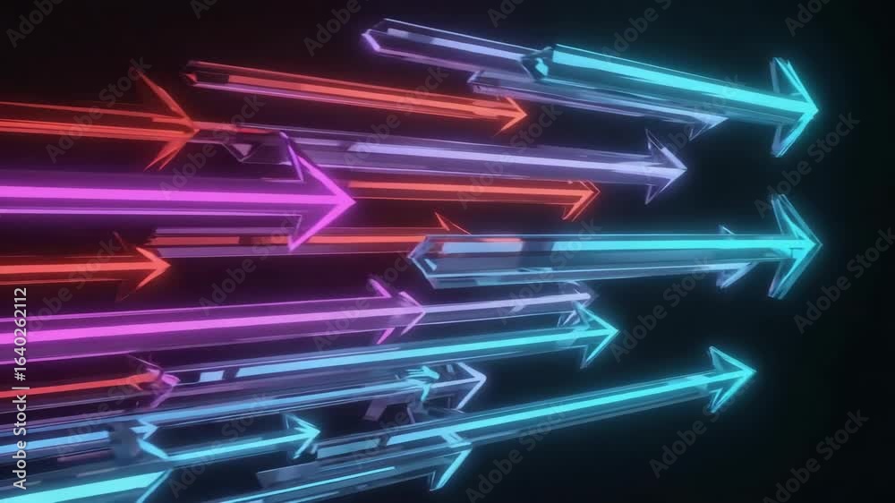 Wall mural multiple glowing neon arrows are moving forward on a dark background, creating a futuristic and dyna
