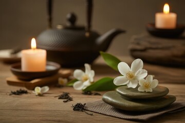 Tranquil spa setting with candles and flowers