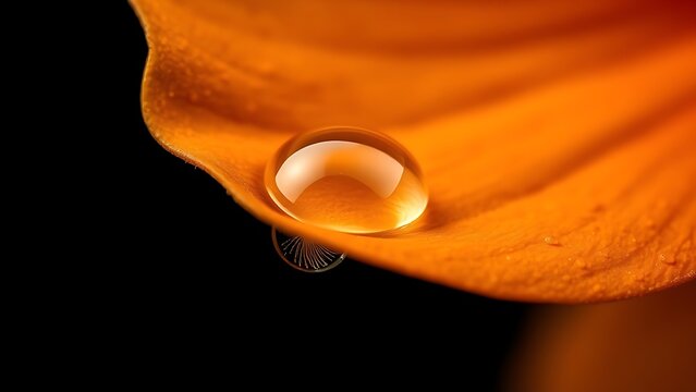 An extreme close-up of an orange flower petal with a water droplet, revealing delicate refractive details.