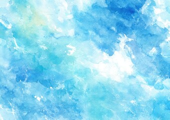Abstract watercolor wash of light and deep blues, white, and pale yellow.  A textured,  blended effect reminiscent of clouds or water