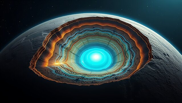 Cross-section of Earth revealing glowing blue core with dynamic liquid movement.