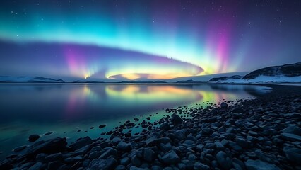 An arctic shoreline with aurora reflections, glowing in cool tones under a long exposure.